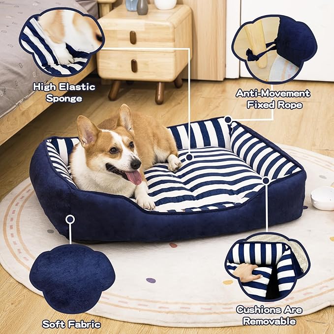 Dog Bed Medium Size Dog, Large Dog Beds with Orthopedic Memory Foam Dog Beds, Pet Beds for Large Dogs, Dog Bed with Removable Washable Cover, Blue & White Color, M, 35" L X 27" W X 6" Th