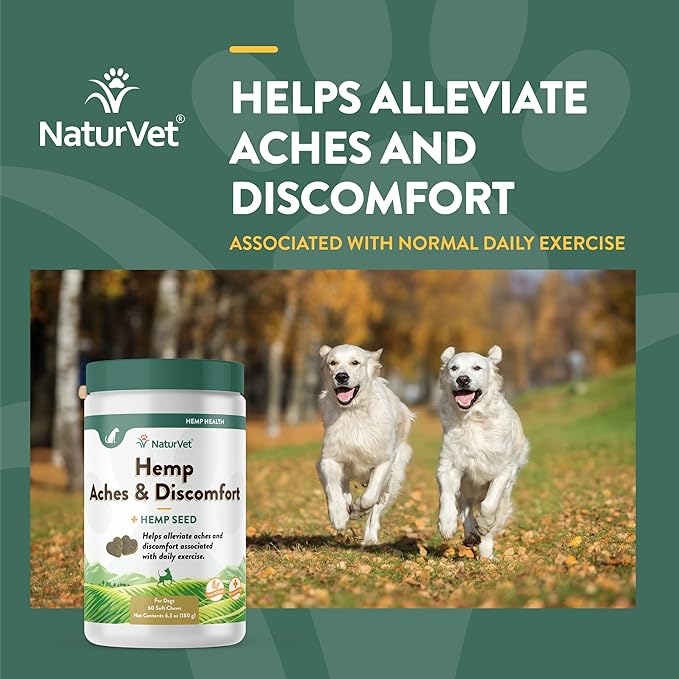 NaturVet Hemp Aches & Discomfort Plus Hemp Seed for Dogs, 60 ct Soft Chews, Made in The USA