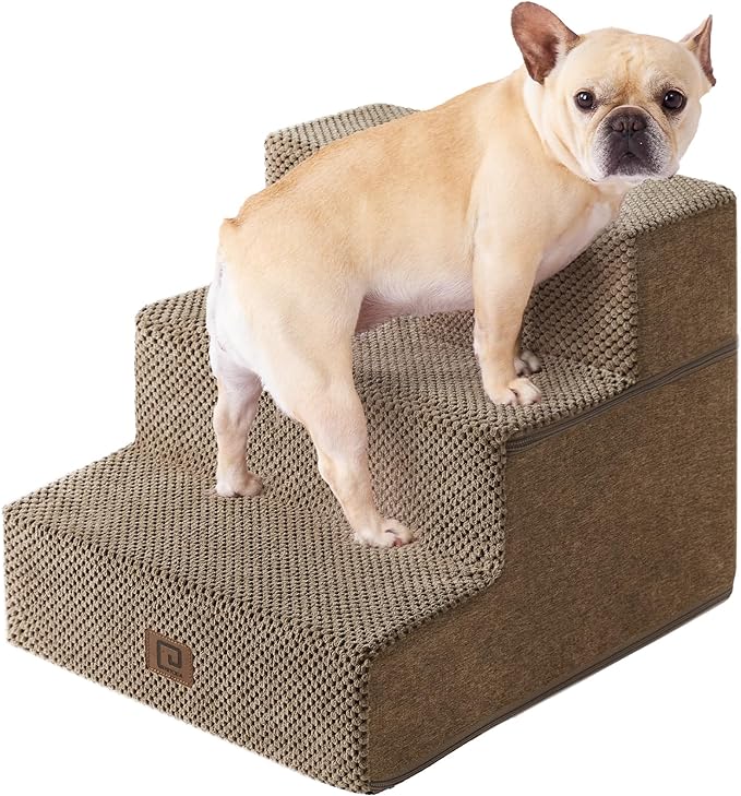 EHEYCIGA Dog Stairs for Small Dogs 13.5" H, 3-Step Dog Steps for Couch Sofa and Chair, Pet Steps for Small Dogs and Cats, Non-Slip Balanced Dog Indoor Ramp, Camel