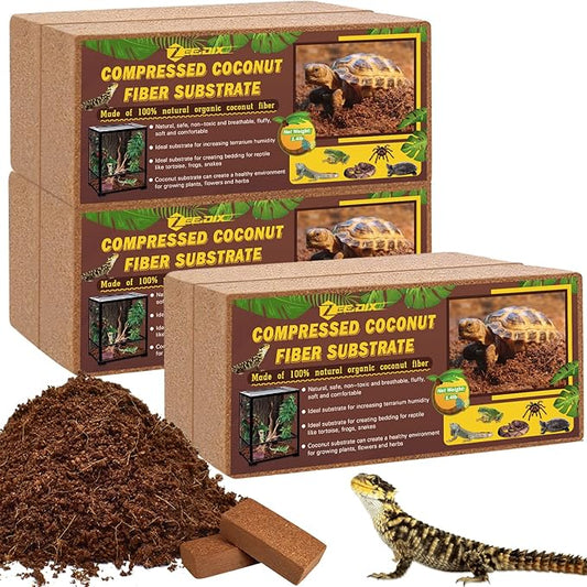 ZeeDix 6Pcs Compressed Coconut Fiber Substrate for Reptiles, 100% Organic Coco Coir Fiber Brick Substrate Fluffy Bearded Dragon Tortoise Snake Terrarium Substrate Loose Natural Husk Terrarium Bedding