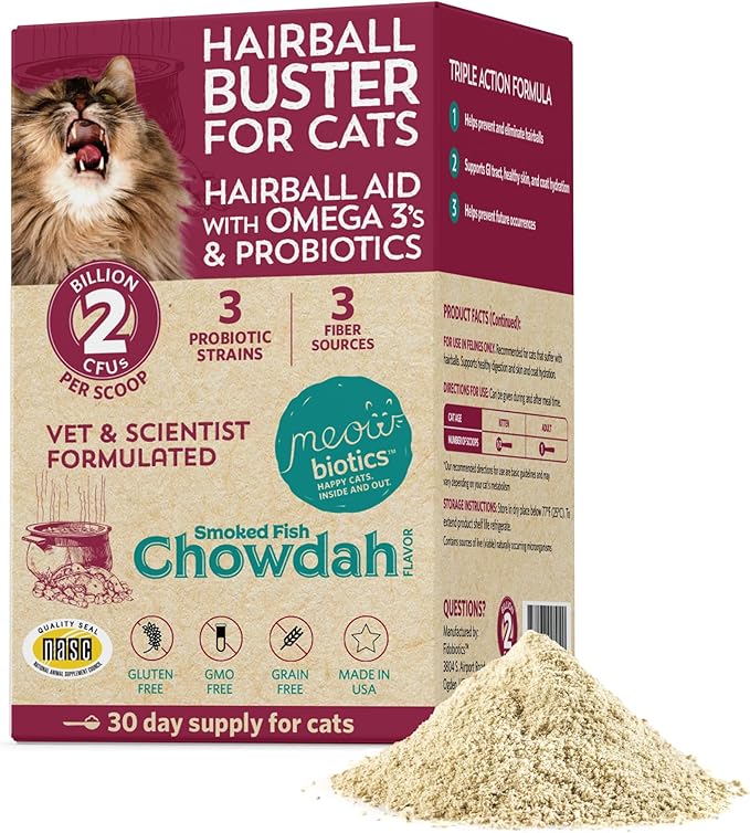 Meowbiotics Hairball Buster Powder for Cats with Probiotics 2 Billion CFU Smoked Fish Chowdah Flavor - 30 Serving(s)