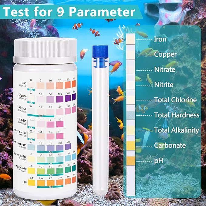 Aquarium Test Strips for Freshwater Fish: 9 in 1 Fish Tank Water Testing Kit for Aquarium Pond - Accurate Testing Nitrate Nitrite Hardness Free Chlorine pH Carbonate Total Alkalinity-100 Strips