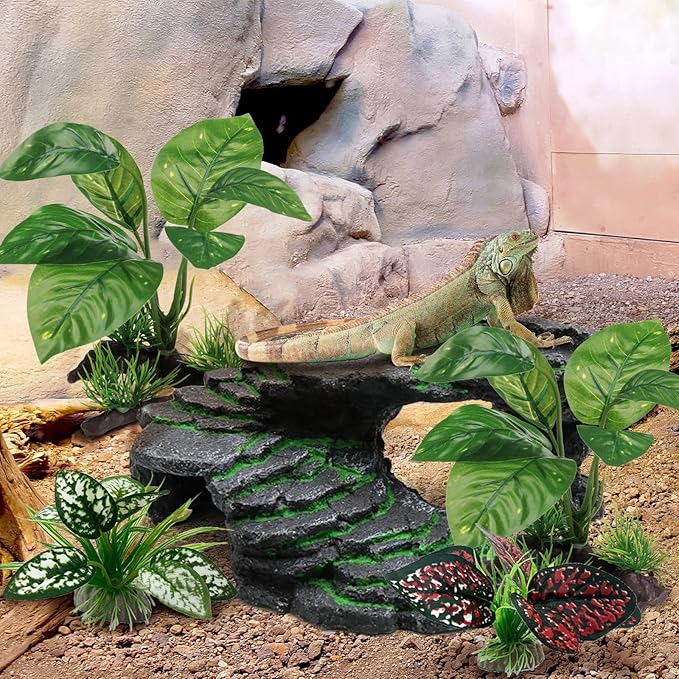 Reptile Artificial Plants, Terrarium Plants Decorations Supplies, Aquarium Fish Tank Plant, Amphibian Habitat Hideout Tank Accessories (M Set-4pcs/G)