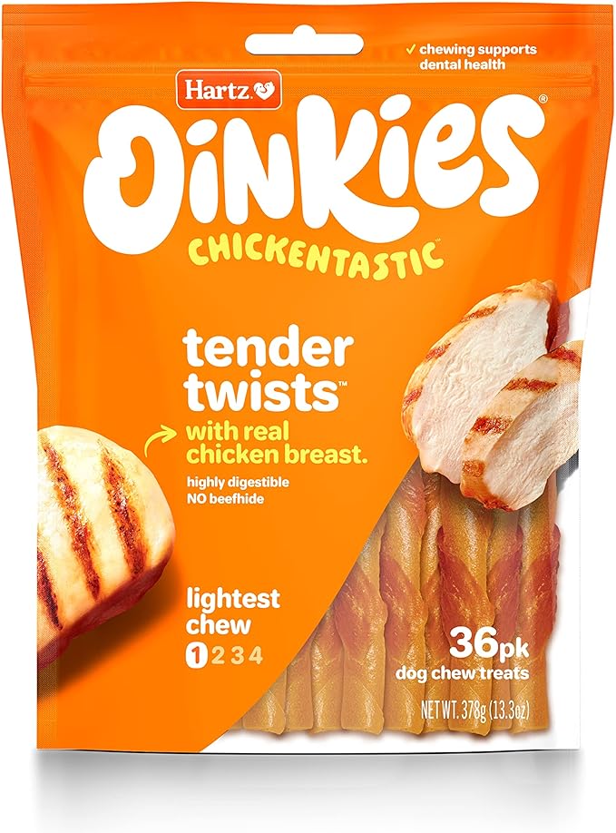 Hartz Oinkies Rawhide-Free Tender Treats Wrapped with Chicken Dog Treats Chews, 36 Count, Highly Digestible, No Artificial Flavors, Perfect for Smaller and Senior Dogs