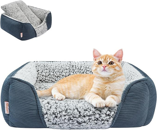 Miguel Washable Cat Beds for Indoor Cats with Removable Cushion, Easy to Wash Small Pet Sofa Bed with Side, Rectangle Bolster Kitten Bed Calming Cuddle Puppy Bed with Anti-Slip Bottom, Blue 20 Inch