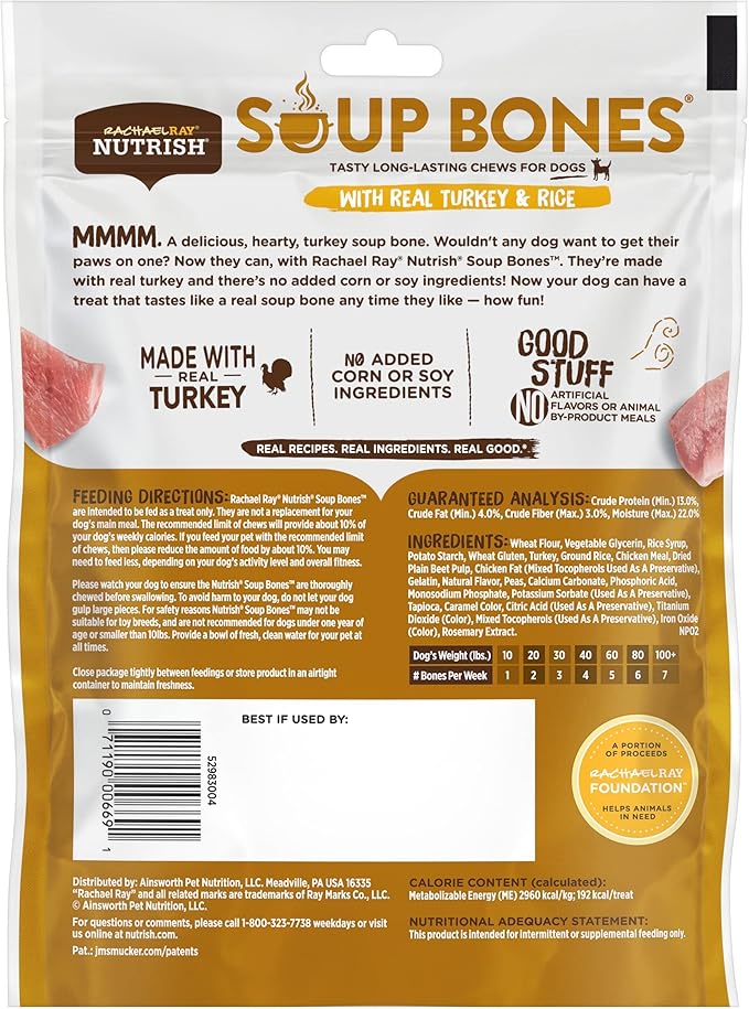 Rachael Ray Nutrish Soup Bones Dog Treats, Real Turkey & Rice Flavor, 3 Bones (Pack of 8)