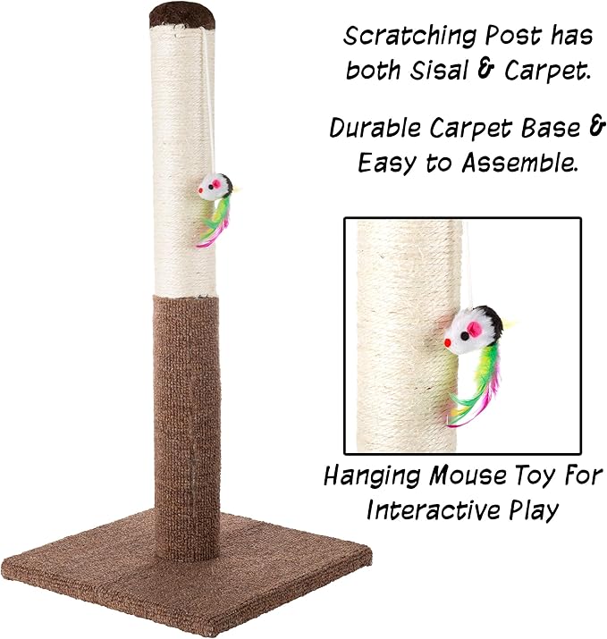 PETMAKER Cat Scratching Post - Tall Scratcher for Cats and Kittens with Sisal Rope and Carpet, Hanging Mouse Toy for Interactive Play (24.5 Inch)