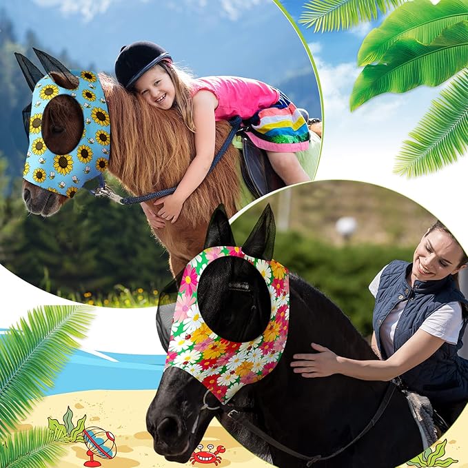 Frienda 4 Pieces Horse Fly Masks for Horses Horse Fly Mask with Ears Face Covering Elasticity Smooth and Comfortable Horse Mask with UV Protection(Medium, Flower)