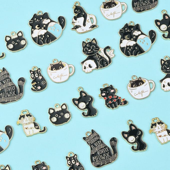 KitBeads 30pcs 10 Styles Black Cat Charms Kawaii Animal Pet Charms Tarot Halloween Celestial Kitten Charms for Jewelry Making Bracelets Bulk