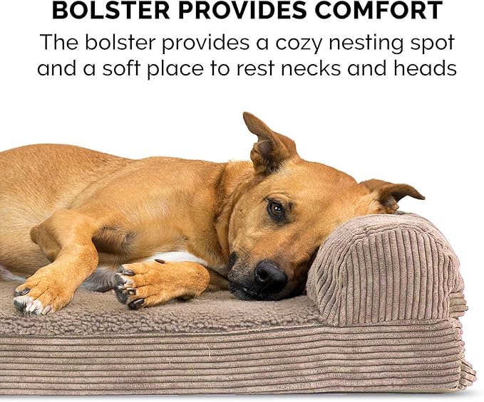 Furhaven Memory Foam Dog Bed for Large Dogs w/ Removable Bolster & Washable Cover, For Dogs UP to 125 lbs - Fleece & Corduroy Bolster Chaise - Sandstone, Jumbo Plus/XXL