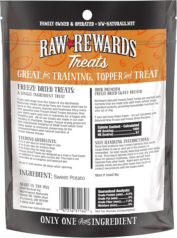 Northwest Naturals Raw Rewards Freeze-Dried Sweet Potato Treats for Dogs and Cats - Bite-Sized Pieces - Healthy, 1 Ingredient, Human Grade Pet Food, All Natural - 2 Oz (Pack of 3) (Packaging May Vary)