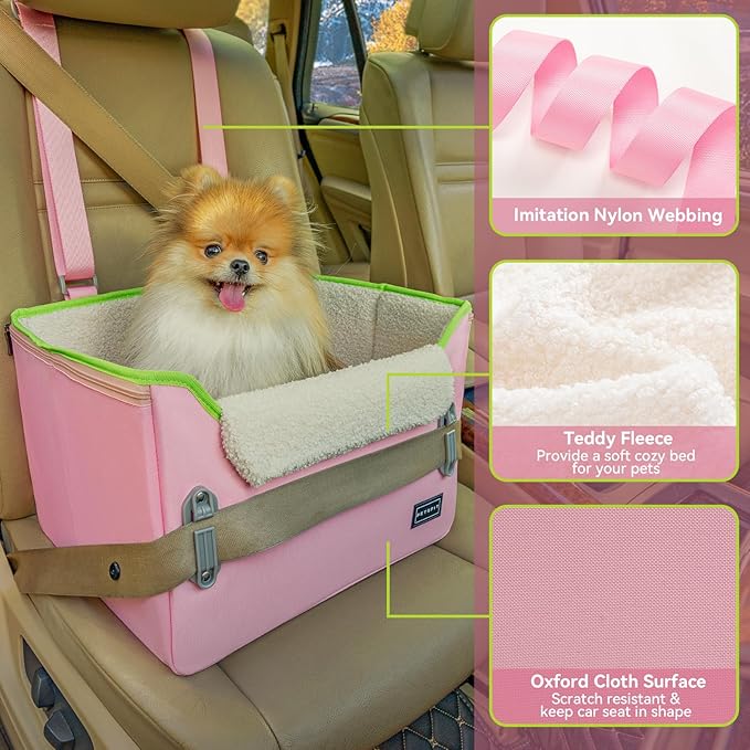 PETSFIT Small Dog Car Seat, Puppy Portable Dog Booster seat for Car with Clip-On Leash, Adjustable Straps Suitable for Small Pets Up to 25lbs (Pink)