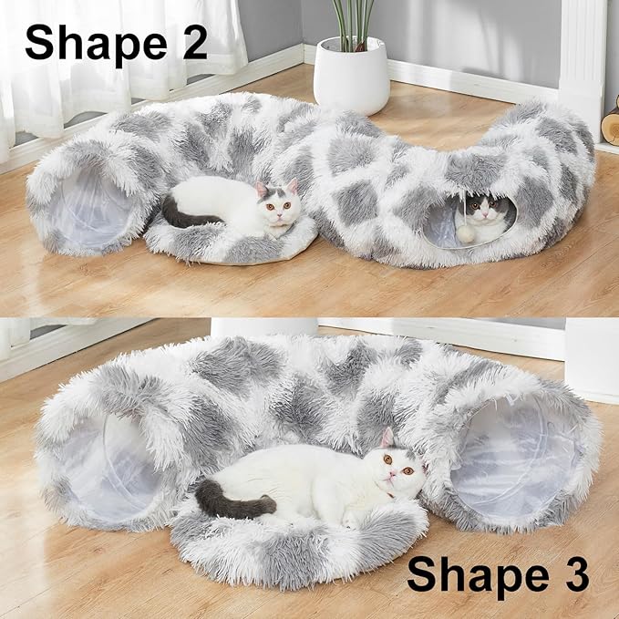 LUCKITTY Warm Fluffy Plush Cat Dog Tunnel Bed with Washable Cushion- Big Tube Playground Toys 3 FT Diameter Collapsible, for Indoor Cat Kitty Kitten Puppy Rabbit Ferret Gray-White Diamond Pattern