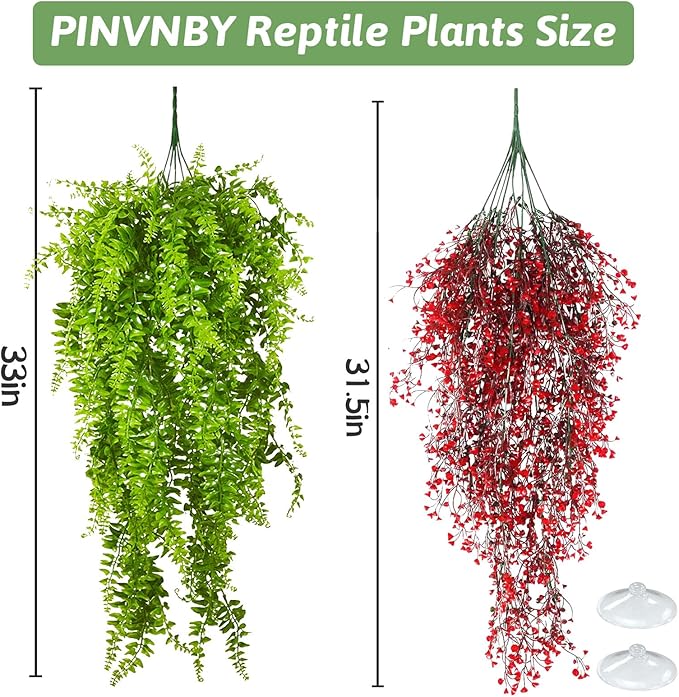 PINVNBY 2 Pack Reptile Plants Terrarium Hanging Fake Vines with Suction Cup Artificial Leaves for Bearded Dragons Lizards Geckos Snake Hermit Crab (Red and Green)