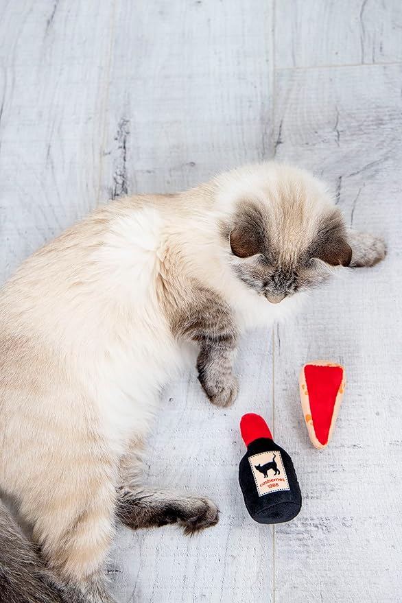 Pearhead Pet Cheese and Wine Plush Cat Toys, Set of 2, Wine and Cheese Catnip Toys, Crinkle Cat Toys, Cat Owner Valentine's Day Keepsake