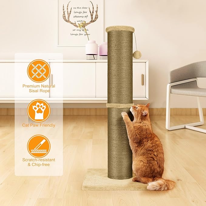 Cat Scratching Post 32 Inch High, 5.5 Inch Large Diameter Natural Sisal Cat Scratch Post, Scratch-Resistant and Durable Tall Cat Scratcher for Indoor Cats, Protect Your Furniture, Yellow