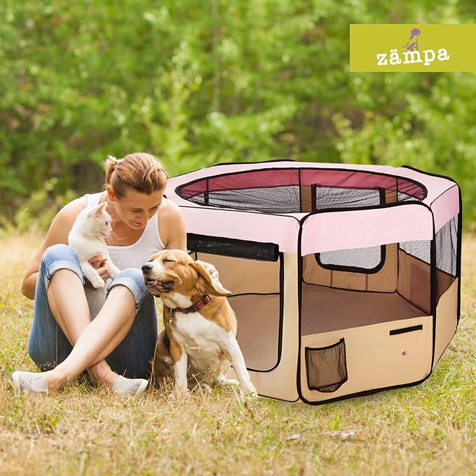 Zampa Dog Playpen Large 61"x61"x30" Pop Up Portable Playpen for Dogs and Cat, Foldable | Indoor/Outdoor Pen & Travel Pet Carrier + Carrying Case.