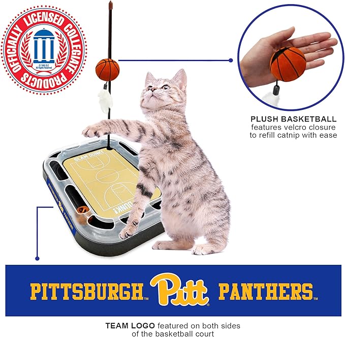 Cat Scratch Toy NCAA PITTSBURGH Panthers REVERSIBLE Basketball Court Felt/Cardboard Cat Scratcher Toy. Interactive Cat Ball Bell in Tracks. 6-in-1 CAT TOY: Cat Wand Poll CATNIP-FILLED Plush Basketball