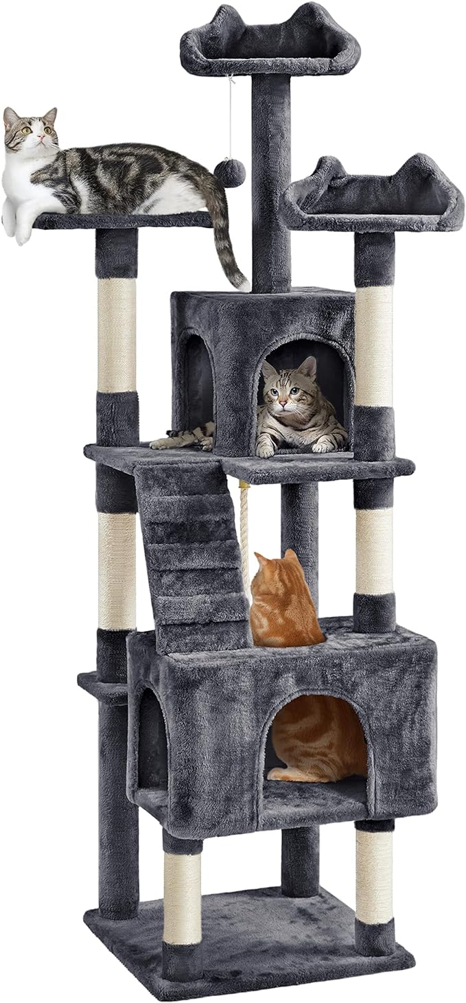 Yaheetech XL Cat Tree, 72in Multi-Level Cat Tower with 2 Cozy Caves, 3 Soft Perches, Scratching Posts, Board, and Dangling Ball, Cat Furniture Cat Play House Kittens, Dark Gray