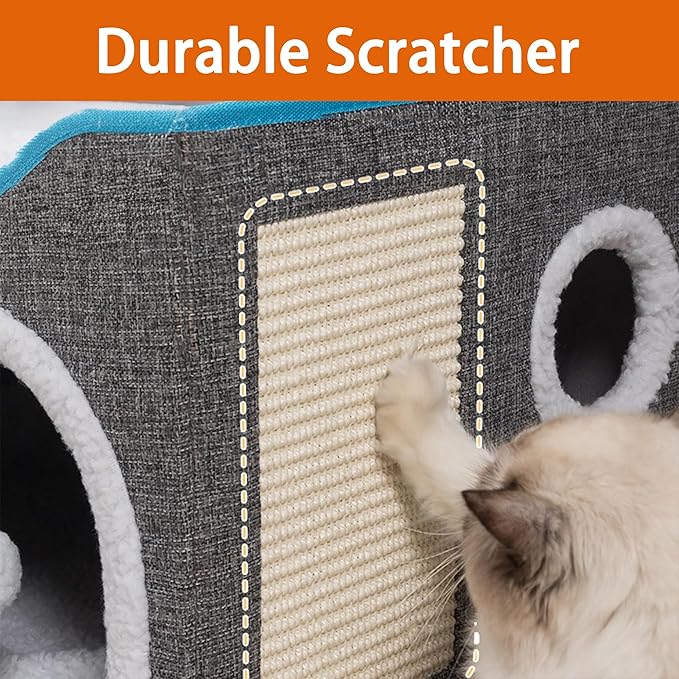 Cat Houses for Indoor Cats - Large Cat Bed Cave for Cat House with Scratch Pad and Fluffy Ball, Foldable Cat Hideaway with Reversible Cushion Cat Condo, Grey