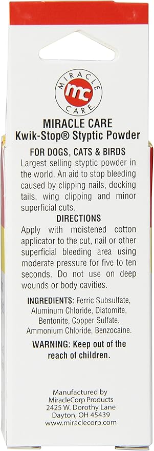 Kwik Stop Styptic Powder For Dogs, Cats, and Birds, Fast-Acting Blood Stop Powder For Pets, Quick Stop Bleeding Powder For Dog Nail Clipping and Minor Cuts, 0.5 oz.