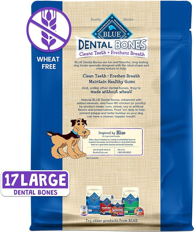 Blue Buffalo Dental Bones for Large Dogs 50 lbs. & Above, Daily Dental Dog Treats, Cleans Teeth & Freshens Breath, 27-oz. (17 Bones)