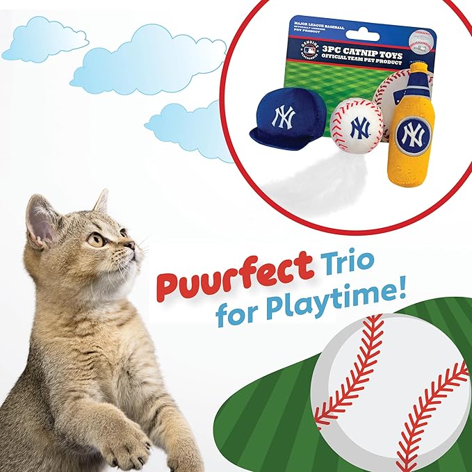 BEST PLUSH CAT TOY - MLB NEW YORK YANKEES Complete Set of 3 piece Cat Toys filled with Fresh Catnip. Incl: 1 Baseball Cap Cat Toy, 1 Baseball Cat Toy with Feathers & 1 Beer Bottle. Beautiful Team LOGO