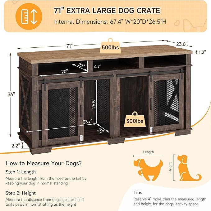 Dog Crate Furniture, 71" Heavy Duty Dog Kennel with 3 Storage Cubby for 2 Dogs, Versatile Dog House with Removable Divider and 2 Sliding Barn Door for Large Dog, Dark Walnut/Light Oak