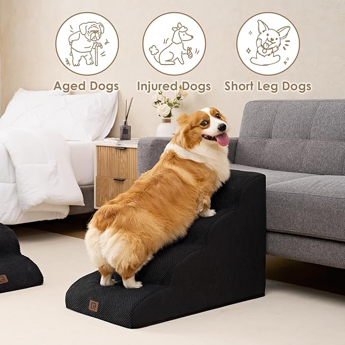 EHEYCIGA Curved Dog Stairs for High Beds 19.7" H, 4-Step Dog Steps for Small Dogs and Cats, Pet Stairs for High Bed Climbing, Non-Slip Balanced Pet Step Indoor, Black