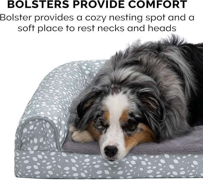 Furhaven Cooling Gel Dog Bed for Large Dogs w/ Removable Bolsters & Washable Cover, For Dogs Up to 125 lbs - Plush & Almond Print L Shaped Chaise - Gray Almonds, Jumbo Plus/XXL
