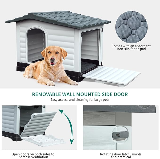 YITAHOME 43.7'' Large Double Door Dog House with Porch & Cushion, Outdoor Plastic Doghouse with Elevated Base, Easy to Install, Water-Resistant Pet House for Medium Large Dogs (43.7''L*33''W*31.6''H)