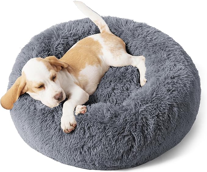 Bedsure Calming Dog Bed for Small Dogs - Donut Washable Small Pet Bed, 23 inches Anti-Slip Round Fluffy Plush Faux Fur Large Cat Bed, Fits up to 25 lbs Pets, Dark Grey