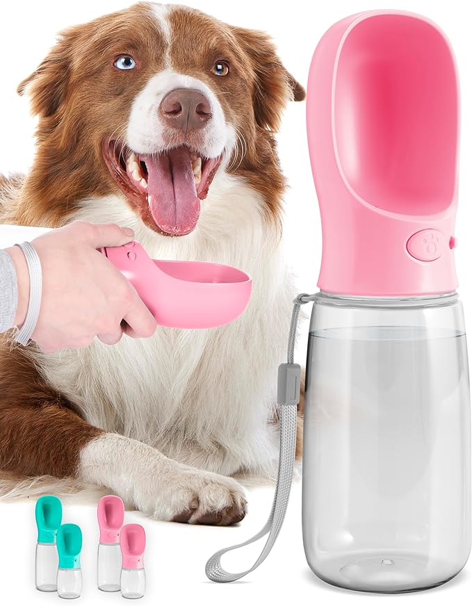 MalsiPree Dog Water Bottle Portable – Leak Proof and Lightweight Water Bottle for Dogs – Dog Travel Water Bottle with Bowl – Dog Walking Accessories (19OZ, Pink)