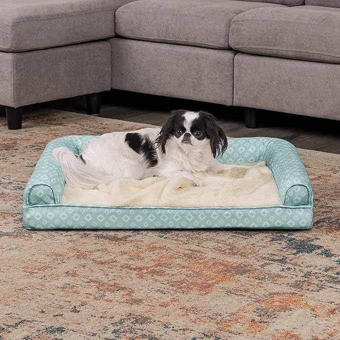 Furhaven Cozy Orthopedic Dog Bed for Medium/Small Dogs w/ Removable Bolsters & Washable Cover, For Dogs Up to 35 lbs - Plush & Diamond Print Nest Top Sofa - Aqua, Medium