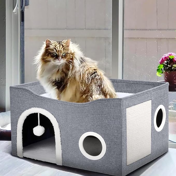 Heeyoo Cat House for Indoor Cats - Large Cat Bed Cave with Fluffy Ball and Scratch Pad, Foldable Cat Condos, Cat Cubes, Cat Hideaway, Covered Cat Bed