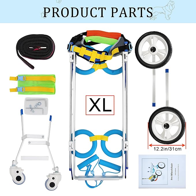 Adjustable 4-Wheel Large Dog Cart/Wheelchair, for Front Or Back Legs Large Dog Wheelchair，Light Weight, Easy Assemble Light Weight, Easy Assemble(7-Size)(XL)