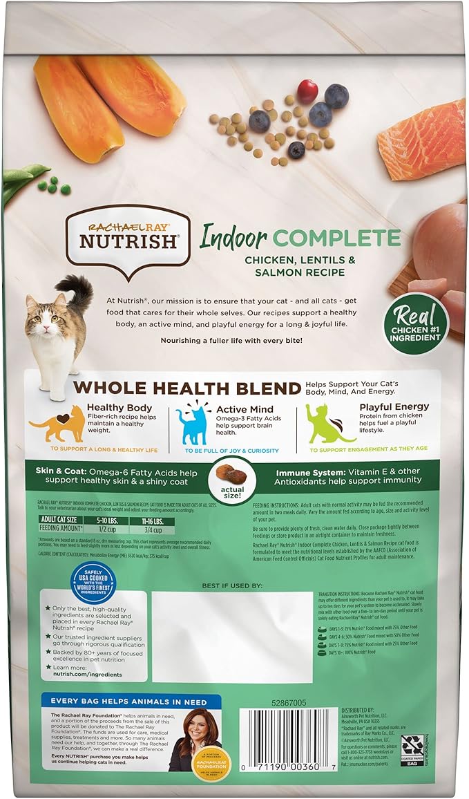 Rachael Ray Nutrish Indoor Complete Premium Natural Dry Cat Food with Added Vitamins, Minerals & Other Nutrients, Chicken with Lentils & Salmon Recipe, 3 Pounds