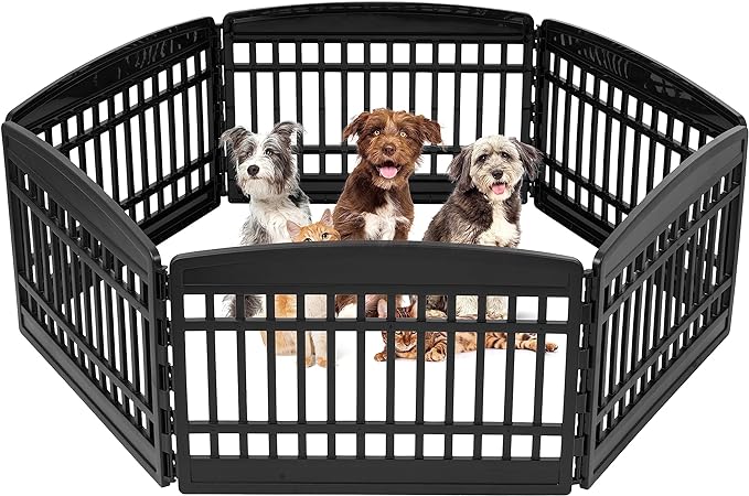 IRIS USA Dog Playpen, 6-Panel 24" Pet Playpen, Puppy Playpen, Indoor/Outdoor Dog Pen, 60 x 60 x 24, Foldable, Customizable, Black