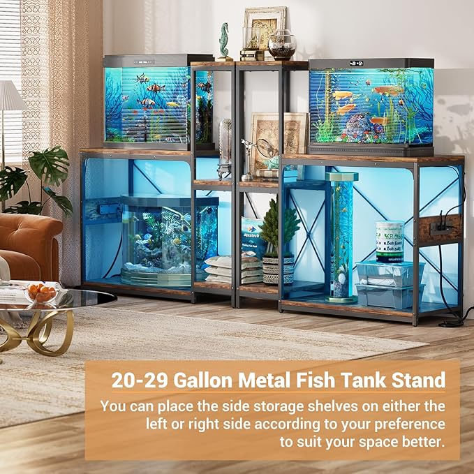 20-29 Gallon Fish Tank Stand with Power Outlet & LED Light, Reversible Wood Aquarium Stand with Shelves for Fish Tank Accessories Storage, Metal Frame, Turtle/Reptile Tank Stand, Rustic Brown