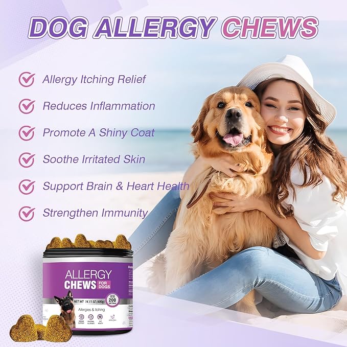 Dog Allergy Chews 200PCs - Dog Allergy and Itching Skin Relief Anti Itch Aller Immune Bites for Dogs Itching Itchy Paw Relief Itch Allergy Probiotics Support Chew Vitamins for Skin and Coat Allergies