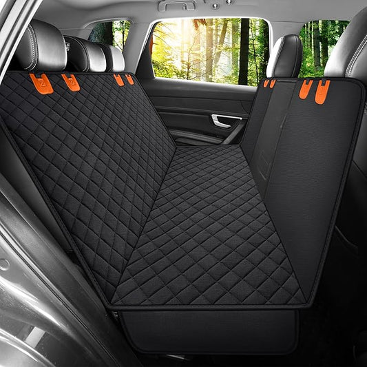 Dog Back Seat Cover Protector for Cars SUV and Trucks with Mesh Window, Scratchproof Nonslip and Waterproof Material(Black Orange)