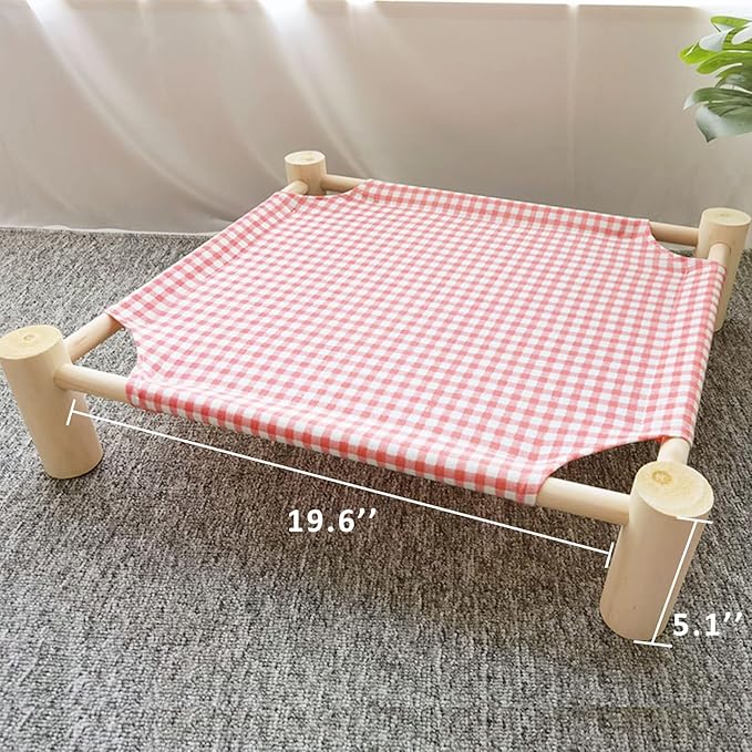 Pozico Cat/Dog Bed Hammock Cat Bed, Wooden Dog Elevated Indoor Outdoor Beds, Raised Cat Cots Furniture Pet Bed Puppy Bed Portable Breathable Mesh Cat Beds for Small Animals-Pink Grid