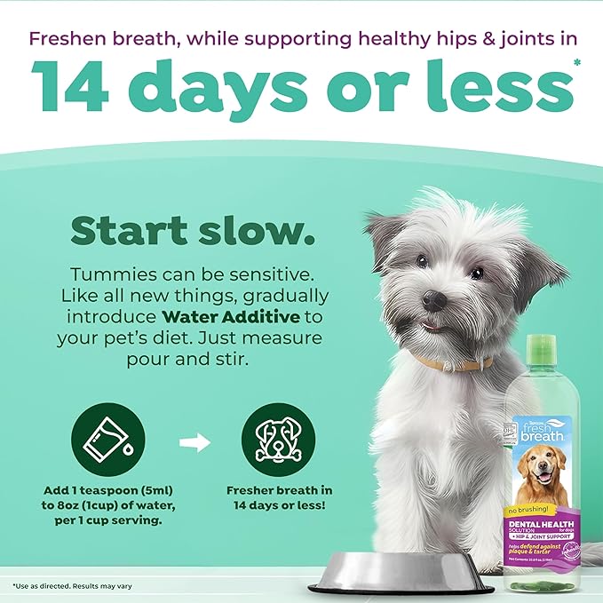 TropiClean Fresh Breath Plus Glucosamine for Hips & Joints | Dog Oral Care Water Additive | Dog Breath Freshener Additive for Dental Health | VOHC Certified | Made in the USA | 33.8 oz