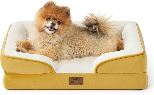 Bedsure Small Orthopedic Dog Bed - Washable Bolster Dog Sofa Beds for Small Dogs, Supportive Foam Pet Couch Bed with Removable Washable Cover, Waterproof Lining and Nonskid Bottom, Spicy Mustard