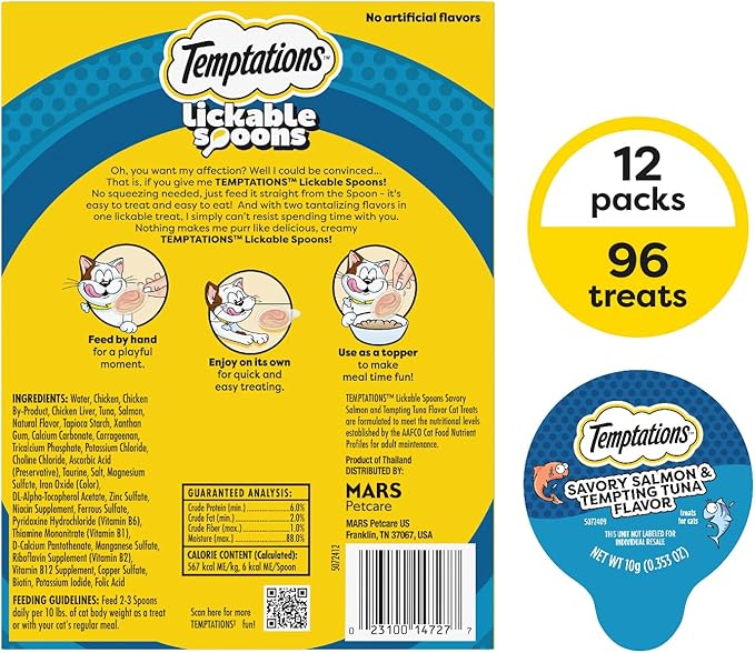 Temptations Lickable Spoons Adult Wet Cat Treat, Savory Salmon and Tempting Tuna Flavor, 10 Grams, Pack of 12 (96 Total Treats)