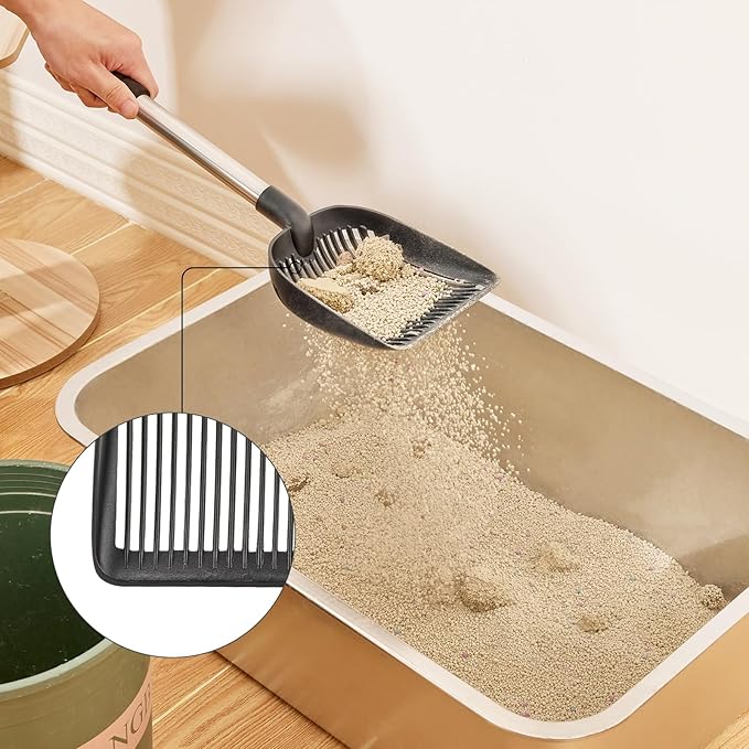 Yangbaga Newest Cat Litter Scoop, Long Handled Metal Litter Scooper with Deep Shovel, Non-Stick Detachable Cat Litter Sifter with Foam Padded Grip, Comes with Litter Scoop Holder