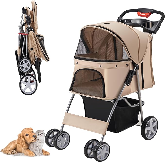 Pet Stroller 4 Wheels Dog Cat Stroller for Medium Small Dogs Cats, Folding Cat Jogger Stroller with Storage Basket & Breathable Mesh, Easy to Walk Travel Carrier, Khaki