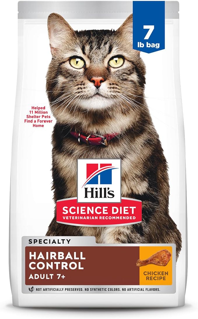 Hill's Science Diet Hairball Control, Senior Adult 7+, Hairball Control Support, Dry Cat Food, Chicken Recipe, 7 lb Bag