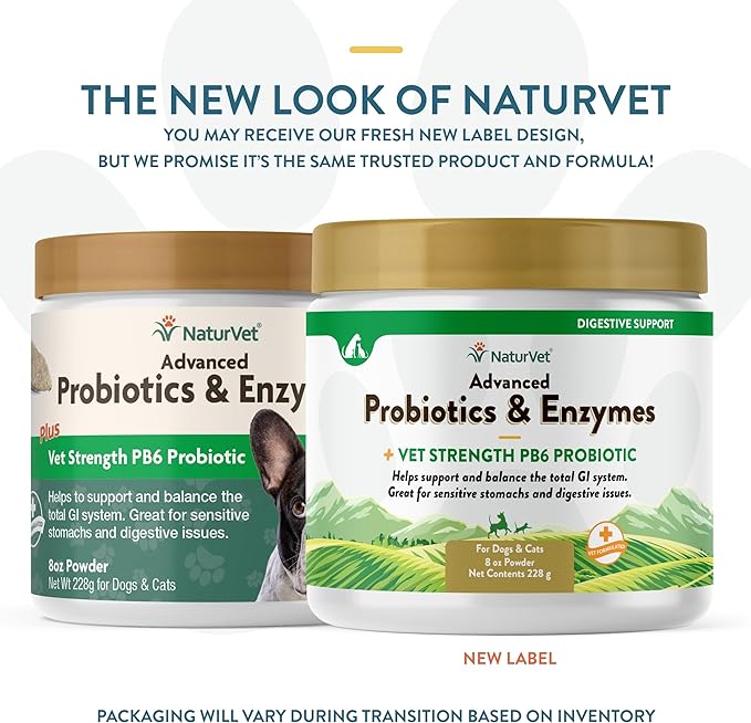 NaturVet – Advanced Probiotics & Enzymes - Plus Vet Strength PB6 Probiotic | Supports and Balances Pets with Sensitive Stomachs & Digestive Issues | for Dogs & Cats (8 oz)