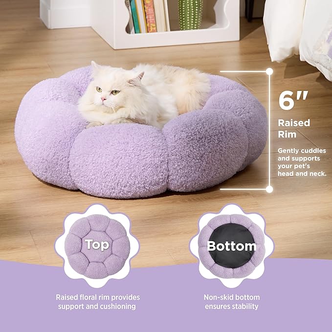 Lesure Calming Cat Beds for Indoor Cats - Cute Flower Pet Beds in Teddy Sherpa Plush, Donut Round Fluffy Puppy Bed, Non-Slip Extra Small Dog Bed Fits up to 15 lbs, Machine Washable, Purple 20"